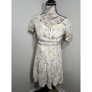 Liberty Love Women Mini Dress White with yellow/brown floral Puff sleeve M